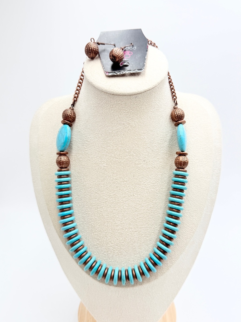 NWT Paparazzi Turquoise Blue Beaded Necklace & Earrings Set Copper Tone